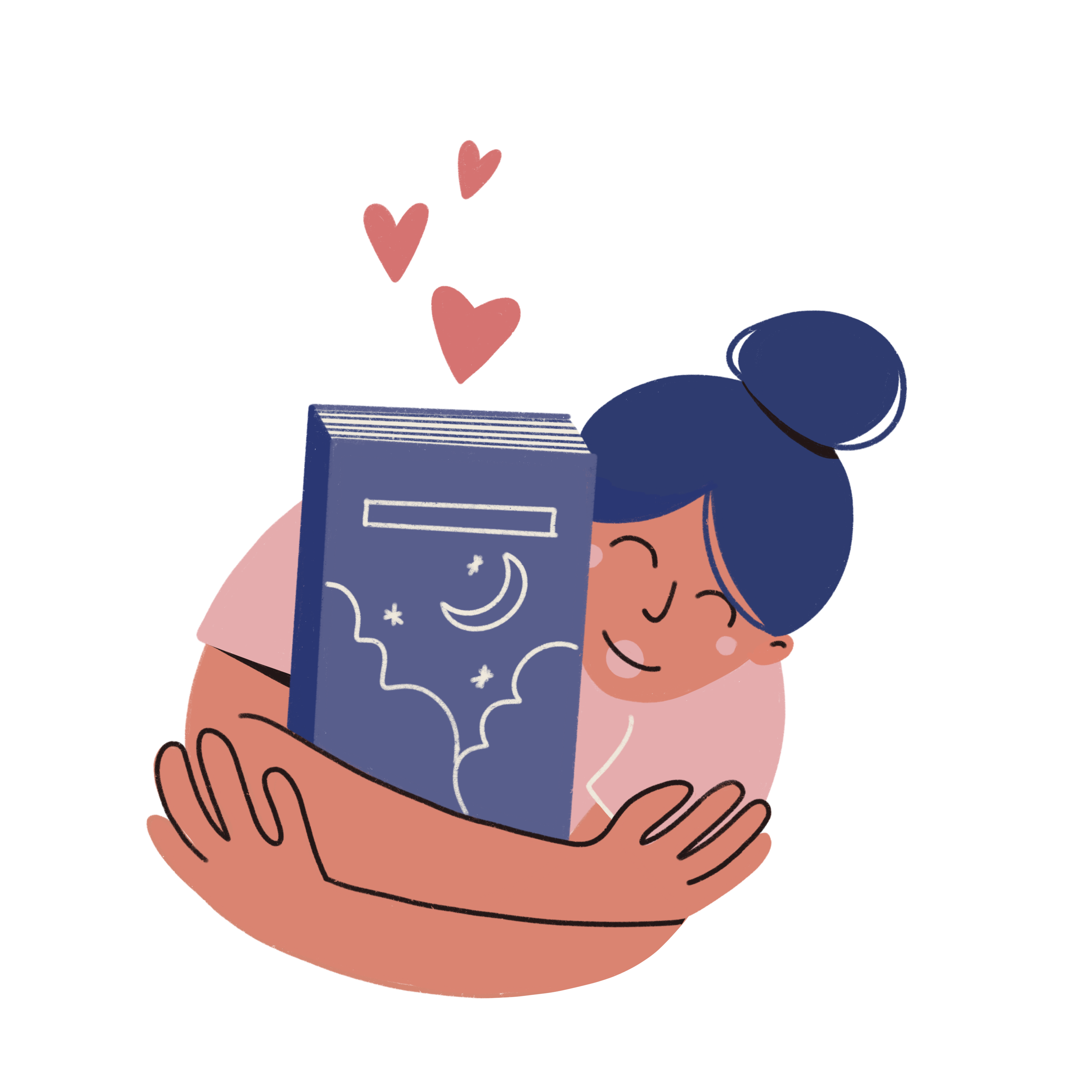 Illustration af en kvinde, der krammer en bog